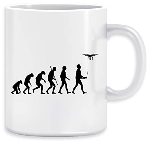 Evolution Von Mann - Drohne Pilot Auflage Weiß Kaffeebecher Becher Tassen Ceramic Mug Cup von Vendax