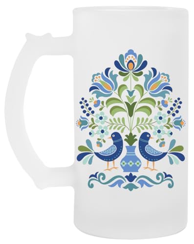 Vendax Blaue Vögel Im Ungarischen Volksdesign Bierkrug Aus Glas Glass Beer Mug Cup von Vendax