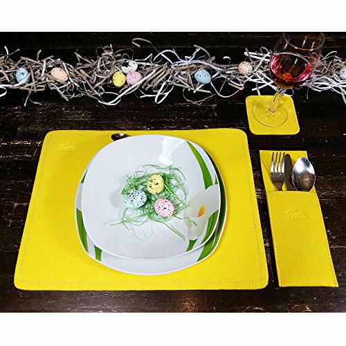 Venetto Sets Platzmatten Tischmatten Tischschoner Untersetzer Bestecktaschen Tischdecken Tischdeko Tisch Deko Bestecktasche Glasuntersetzer Tassen Glas Bierdeckel aus Filz (4-er Set, Gelb) von Venetto