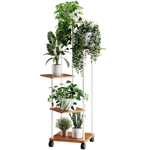 Venhvorer 5 Tier Hölzern Blumenregal Pflanzenregal mit optionalen Rollen, Mehrstöckig Blumenständer Pflanzenständer Blumenbank Blumentreppe Pflanzentreppe Standregal für Innen Garten Balkon Deko von Venhvorer