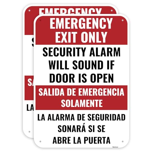 Notausgangsschild "Emergency Exit Only", zweisprachig, 35,6 x 25,4 cm – Aluminium – Dramatischer "Not An Exit"-Sicherheitsalarm ertönt, wenn die Tür geöffnet wird von Venicor