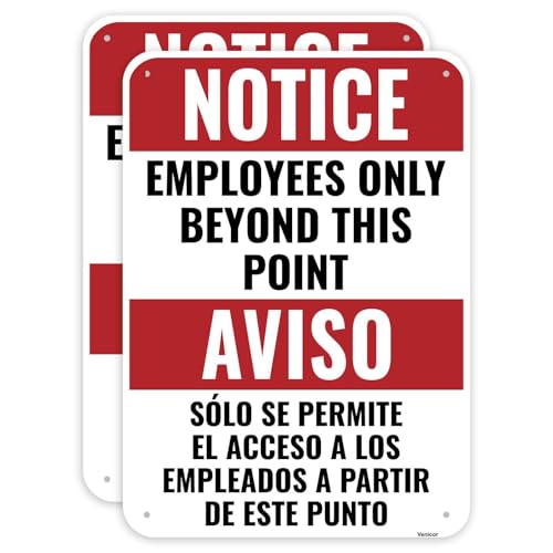 Schild "Employees Only Beyond This Point", zweisprachig, 35,6 x 25,4 cm – Aluminium – "No Customers Allowed In Work Area Staff Only" Schild für die Tür von Venicor