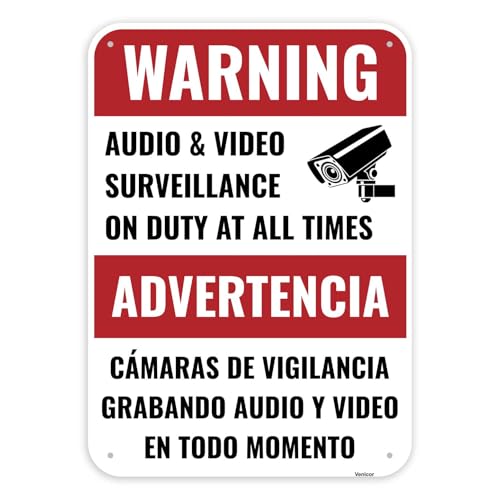 Zweisprachiges Sicherheitsschild mit Video- und Audioüberwachungskamera, 35,6 x 25,4 cm, Aluminium, Aufschrift "You are Being Recorded Warning Property Protected" Zweisprachiges Sicherheitsschild mit Video- und Audioüberwachungskamera, 35,6 x 25,4 cm, Aluminium, Aufschrift "You are Being Recorded Warning Property Protected" von Venicor