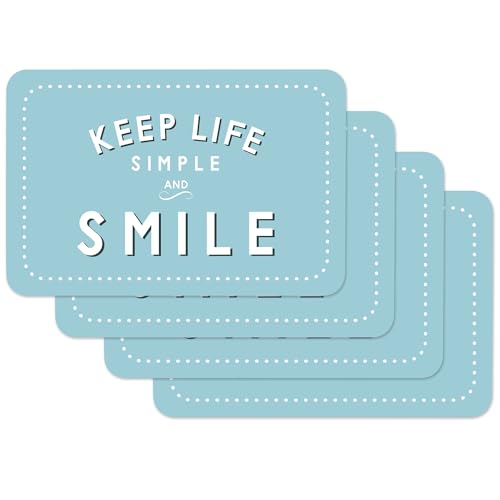 Venilia Tischset Platzset für Esszimmer Hellblau mit Spruch 'Keep Life Simple and Smile', 4er Set abwischbar Polypropylen, lebensmittelecht 45 x 30 cm, 4 Stück, 59072 von Venilia