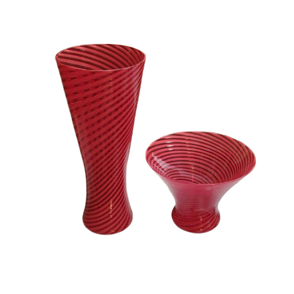 2er-Set Rote Mundgeblasene Glasvase Tornado, Venini 2er-Set Rote Mundgeblasene Glasvase Tornado, Venini von Venini