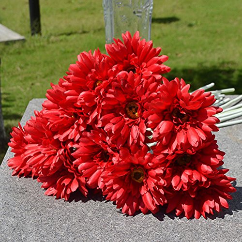 Künstliche Blumen, Venkaite 10 pcs PU Künstlicher Gerbera Gänseblümchen Blumenstrauß Braut Hochzeit Bouquet für Hochzeitsfeier Zuhause Büro Dekoration, Rot von Venkaite