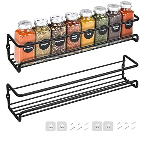 Venkaite 2er Set Gewürzregale aus Metall, Wandhalterung Spice Rack Organizer Einzelne Schicht Gewürzorganisator Hängendes Gewürzregal mit Klebstoff oder Schraube Montierbar, Schwarz von Venkaite