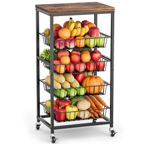 Venkuber Obst- und Gemüsewagen, 5-stöckiger Snack- und Küchenwagen auf Rädern mit Aufbewahrung, ausziehbaren Körben und Holzplatte, Roll-Organizer für Speisekammer, Wohnzimmer (Braun) von Venkuber