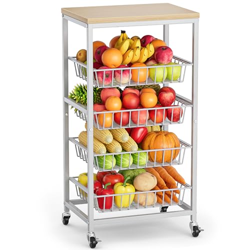 Venkuber Snackwagen, 5-stöckige Küchenwagen auf Rädern mit Aufbewahrung, Obstkorbständer mit ausziehbaren Körben und Holzplatte, Küchen-Organizer für Obst, Gemüse, Snacks (Eiche-Beige) von Venkuber