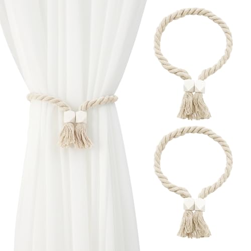 Venprodium 2 Stück Vorhang Raffhalter, Magnetische Vorhang Raffhalter, Baumwollseil Gardinenhalter Vorhanghalter, Gardinen Raffhalter aus Holz Boho Dekoration, Vorhänge für Zuhause, Büro (Beige) von Venprodium