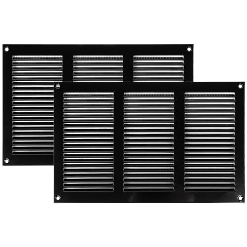 Vent Systems 30 x 20 cm - Packung mit 2 Lüftungsschlitz-Abdeckungen – Schwarz – Metall-Luftrücklaufgitter mit eingebautem Schädlingsschutz-Bildschirm von Vent Systems