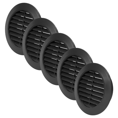 Vent Systems 5 Stück 70 mm Schwarz Luftregister – Lüftungsgitter durch die Tür - Mit Insektenschutzgitter - runde Lüftungsgitter für den Innenbereich – Badezimmer, Schrank, Garage von Vent Systems