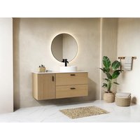 Badezimmermöbel geriffelt hängend auf Füßen mit Ablageplatte - 1 Tür und 2 Schubladen - Natur hell - 120 cm - SARONE von Vente-unique