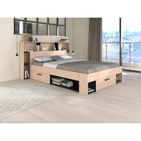 Bett 140 x 190/200 cm mit Kopfteil & Stauraum + Lattenrost - Holzfarben & Schwarz - KINSELIA von Vente-unique