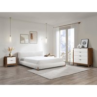 Bett - 180 x 200 cm - Bouclé-Stoff - Weiß & Holzfarben - GAMURA von Vente-unique