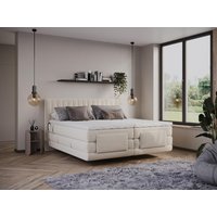 Boxspringbett mit vertikalen Ziernähten am Kopfteil + elektrischem Untergestell mit Relaxfunktion + Matratze + Topper - 2 x 90 x 200 cm - Samt - Beige - DONISI von PALACIO von Vente-unique
