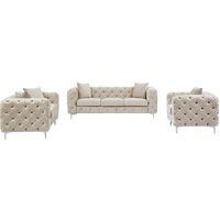 Chesterfield-Sofa 3-Sitzer, 2-Sitzer & Chesterfield-Sessel - Samt - Beige - EDWINA Chesterfield-Sofa 3-Sitzer, 2-Sitzer & Chesterfield-Sessel - Samt - Beige - EDWINA von Vente-unique