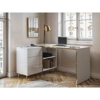 Eckschreibtisch mit Schubladen & Fächern - Weiß glänzend & Goldfarben - MARZIALO von Vente-unique