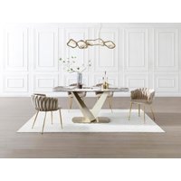 Esstisch für 6 Personen - Keramik, Sicherheitsglas & goldfarbenes Metall - Marmor-Optik Weiß & Grau - PORELIMA von Maison Céphy von Vente-unique
