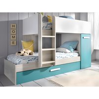 Etagenbett Ausziehbett mit Stauraum + Matratzen - 3x 90 x 190 cm - Weiß, Naturfarben & Blau - ANTHONY Etagenbett Ausziehbett mit Stauraum + Matratzen - 3x 90 x 190 cm - Weiß, Naturfarben & Blau - ANTHONY von Vente-unique
