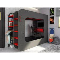 Hochbett mit Gaming-Schreibtisch & Stauraum & Matratze + LEDs - 90 x 200 cm - Anthrazit & Rot - WARRIOR Hochbett mit Gaming-Schreibtisch & Stauraum & Matratze + LEDs - 90 x 200 cm - Anthrazit & Rot - WARRIOR von Vente-unique