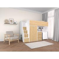 Hochbett mit Kleiderschrank & Schreibtisch - 90 x 190 cm - Weiß & Holzfarben - LANILATO von Vente-unique
