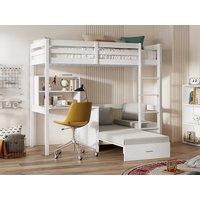 Hochbett mit Schreibtisch, Schlafsofa & Stauraum + Matratze - 90 x 200 cm - massives Kiefernholz - Weiß - GOLIATH III von Vente-unique