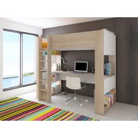 Hochbett mit Schreibtisch & Stauraum + Matratze - 90 x 200 cm - Eichefarben & Weiß - NOAH II von Vente-unique