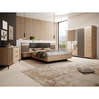 Schlafzimmer-Set - Bett mit Bettkasten & Nachttischen - 160 x 200 cm + Matratze + Kommode + Kleiderschrank - Holzfarben & Schwarz - ARIADA von Vente-unique