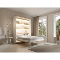 Schrankbett + Matratze - 160 x 200 cm - Manuelle vertikale Öffnung - Mit LED-Beleuchtung - Weiß & Holzfarben - RAPILI von Vente-unique