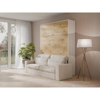 Schrankbett + Sofa - 140 x 200 cm - Manuelle vertikale Öffnung - Mit LED-Beleuchtung - Weiß & Holzfarben - RAPILI von Vente-unique