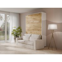 Schrankbett + Sofa - 160 x 200 cm - Manuelle vertikale Öffnung - Mit LED-Beleuchtung - Weiß & Holzfarben - RAPILI von Vente-unique