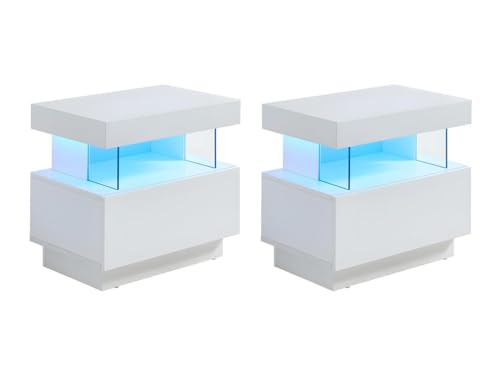 Vente-unique 2er-Set Nachttische mit 1 Schublade & 1 Ablage + LEDs - MDF - Weiß lackiert - Fabio II von Vente-unique