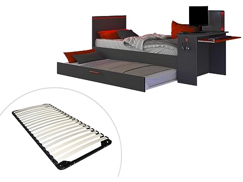 Vente-unique Ausziehbett Gamer mit Schreibtisch & LEDs + Lattenrost - 2 x 90 x 200 cm - Anthrazit & Rot - VOUANI von Vente-unique
