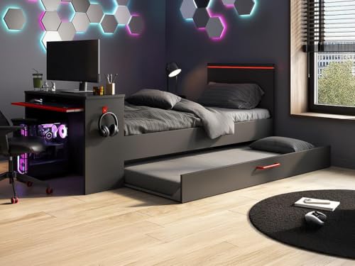 Vente-unique-Ausziehbett Gamer mit Schreibtisch & LEDs + Lattenrost - 2 x 90 x 200 cm - Anthrazit & Rot - VOUANI von Vente-unique