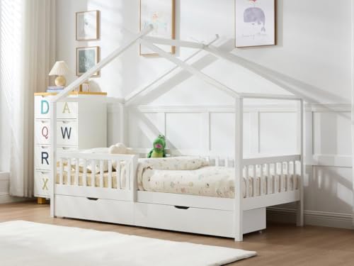 Vente-unique-Bett in Hausoptik mit Schubladen + Matratze - 90 x 190 cm - Kiefer & MDF - Weiß - KIRALIO von Vente-unique