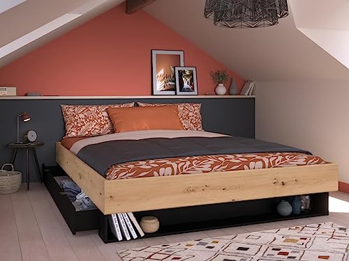 Vente-unique - Bett mit 1 Schublade & 1 Ablage + Lattenrost + Matratze - 160 x 200 cm - Holzfarben und Schwarz - Mista von Vente-unique