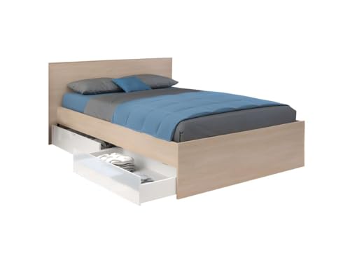 Vente-unique - Bett mit 2 Schubladen - 140 x 190 cm - Holzfarben & glänzend weiß - VELONA von Vente-unique
