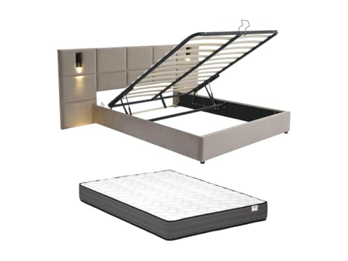 Vente-unique-Bett mit Bettkasten mit Kopfteil & integrierter Lampe + Matratze - 160 x 200 cm - Samt - Taupe - SARETO von Vente-unique
