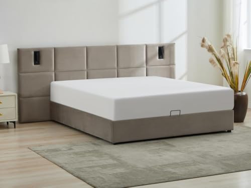 Vente-unique-Bett mit Bettkasten mit Kopfteil & integrierter Lampe + Matratze - 180 x 200 cm - Samt - Taupe - SARETO von Vente-unique