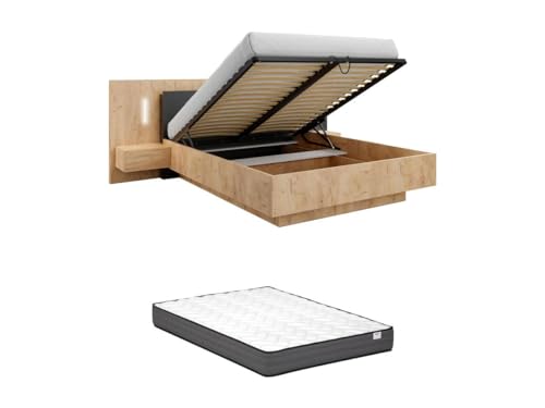 Vente-unique Bett mit Bettkasten mit Nachttischen - 140 x 190 cm - 2 Schubladen - Mit LED-Beleuchtung - Holzfarben & Anthrazit + Matratze - FRANCOLI von Vente-unique