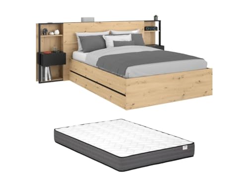 Vente-unique - Bett mit Bettkasten und Nachttischen + Matratze - 140 x 190 cm - Holzfarben & Schwarz - LUDARO von Vente-unique