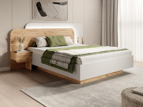 Vente-unique-Bett mit Bettkasten & Nachttischen 160 x 200 cm - Mit LEDs - Holzfarben und Weiß + Matratze - DESADO von Vente-unique