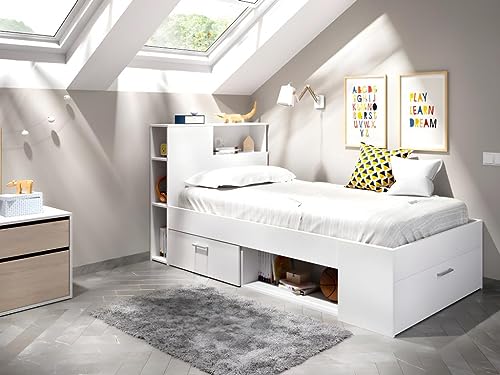 Vente-unique - Bett mit Kopfteil, Stauraum & Schublade - 90 x 190 cm + Lattenrost - Weiß - Leandre von Vente-unique
