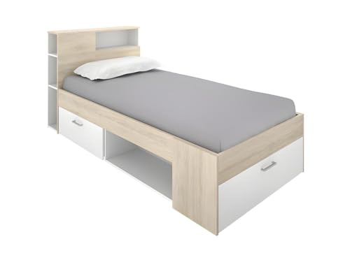 Vente-unique Bett mit Kopfteil, Stauraum & Schublade - 90 x 190 cm - Weiß & Naturfarben - Leandre von Vente-unique