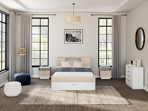Vente-unique Bett mit Kopfteil, Stauraum & Schubladen + Nachttische - 160 x 200 cm - Holzfarben & Weiß - Leandre von Vente-unique