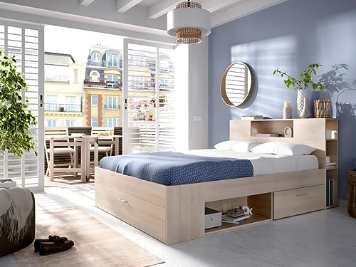 Vente-unique - Bett mit Kopfteil, Stauraum & Schubladen - 160 x 200 cm - Holzfarben + Lattenrost + Matratze - Leandre von Vente-unique