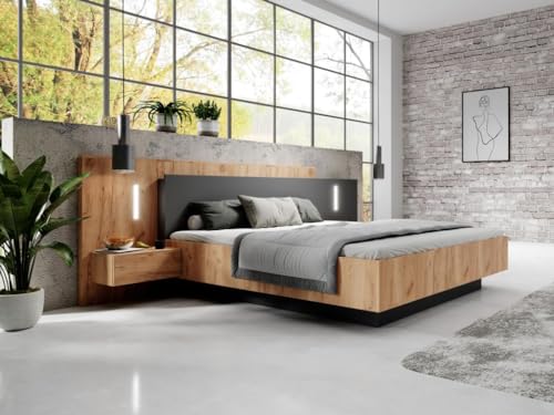 Vente-unique-Bett mit Nachttischen - 140 x 190 cm - 2 Schubladen - Mit LED-Beleuchtung - Holzfarben & Anthrazit - FRANCOLI von Vente-unique