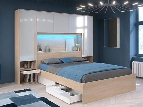 Vente-unique - Bett mit Stauraum + Lattenrost + Matratze - 160 x 200 cm - Mit LED-Beleuchtung - Holzfarben & glänzend weiß - VELONA von Vente-unique