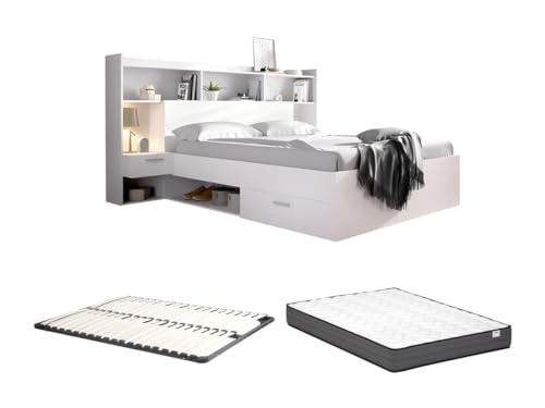 Vente-unique - Bett mit Stauraum & integrierten Nachttischen + Lattenrost + Matratze - 140 x 190 cm - Weiß - Kevin von Vente-unique